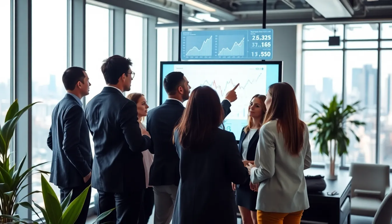 professionals analyzing economic trends in a modern office.