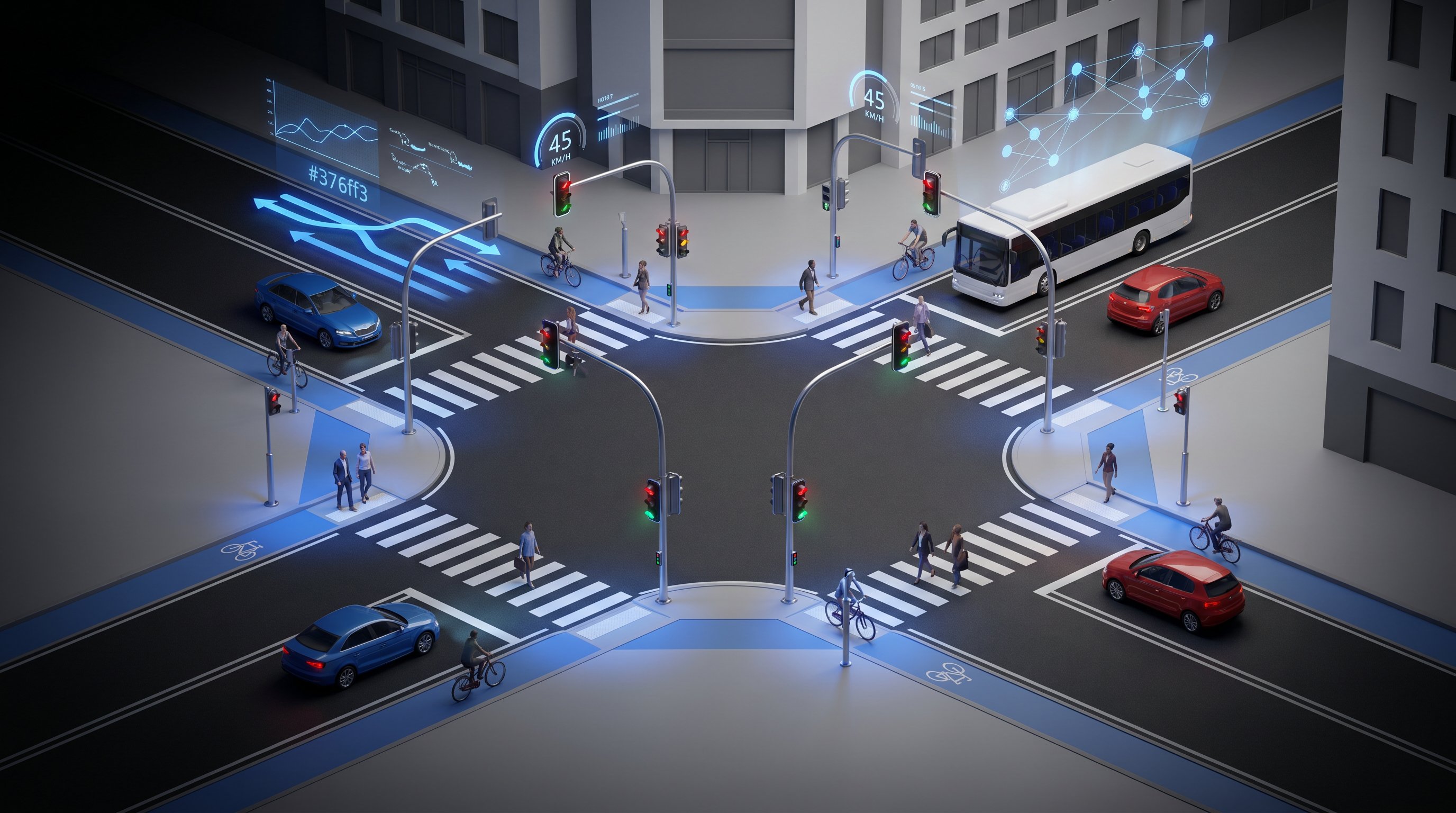 3D isometric render of urban intersection with traffic signals, vehicles, and data visualization overlays.
