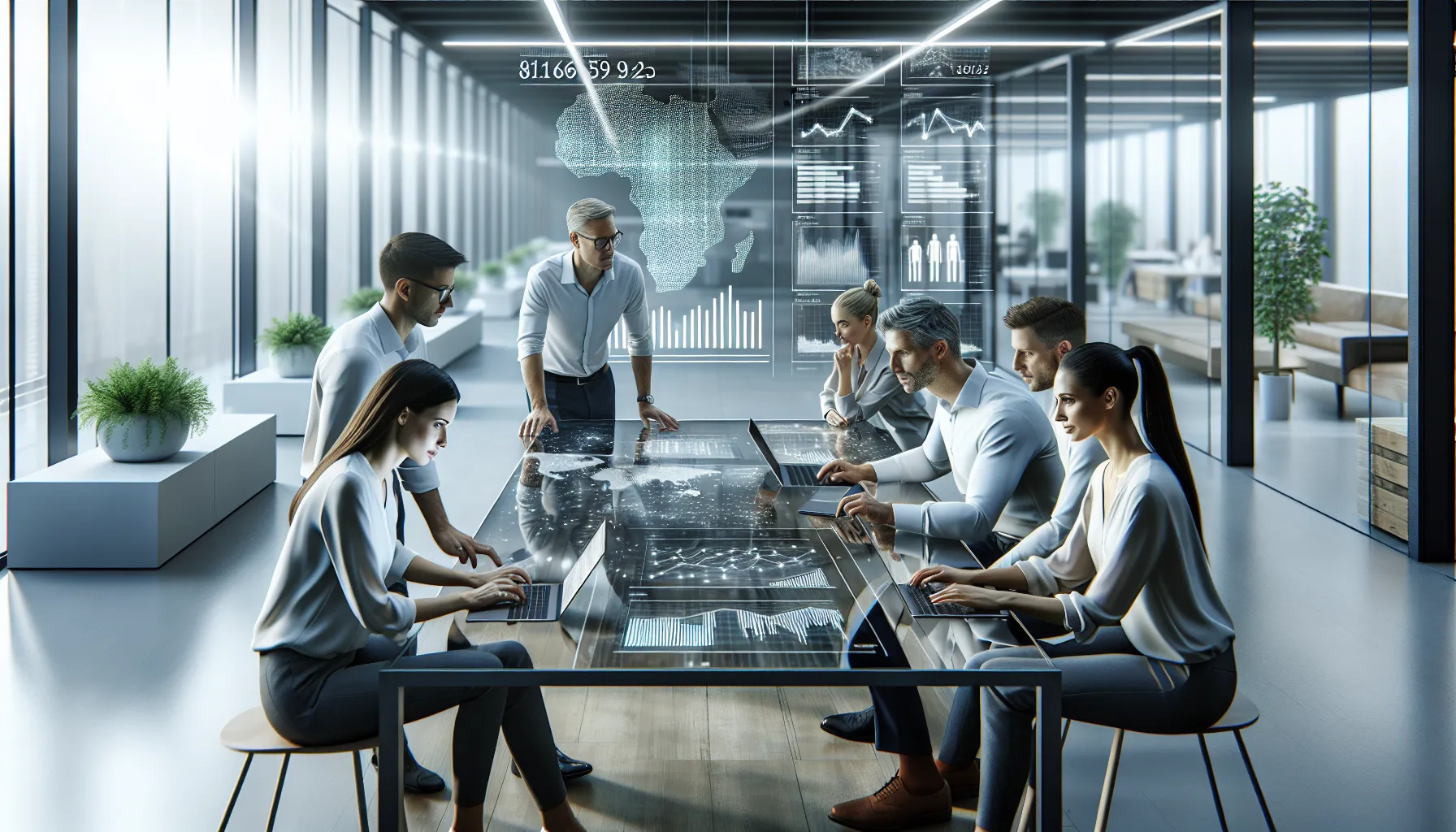 diverse team collaborating in a modern office setting with digital data displays.