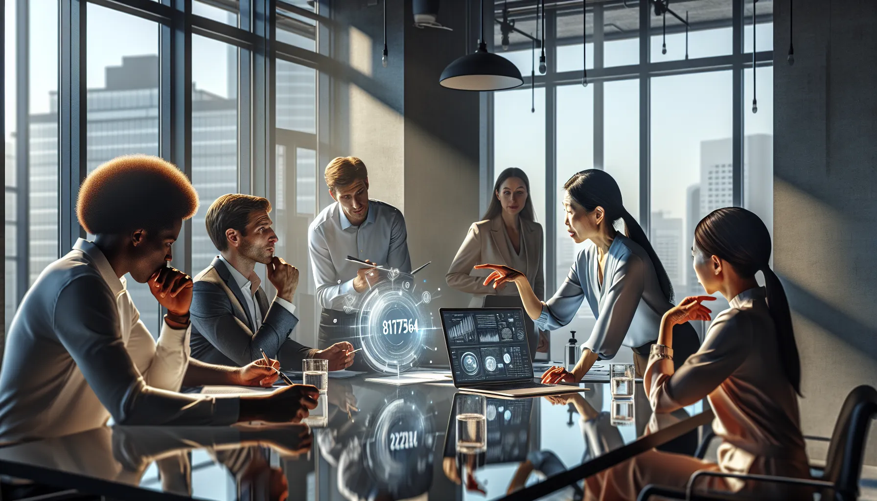 diverse team collaborating in a modern office setting around a laptop.