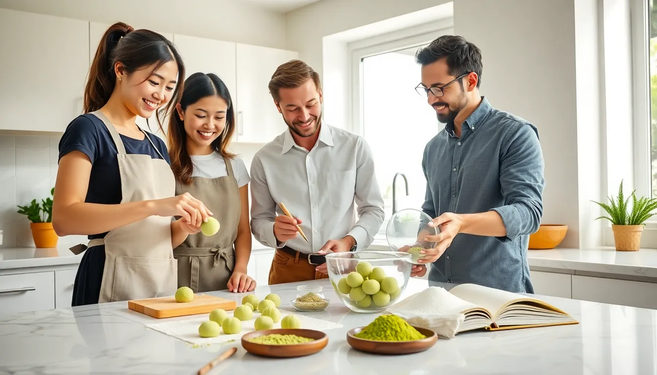 diverse team preparing green mochi in a modern kitchen.