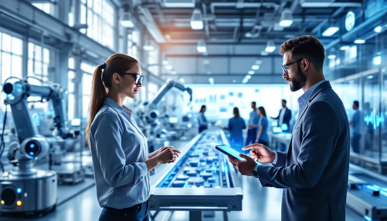 Professionals monitoring intelligent automation systems in a modern manufacturing and control room environment.