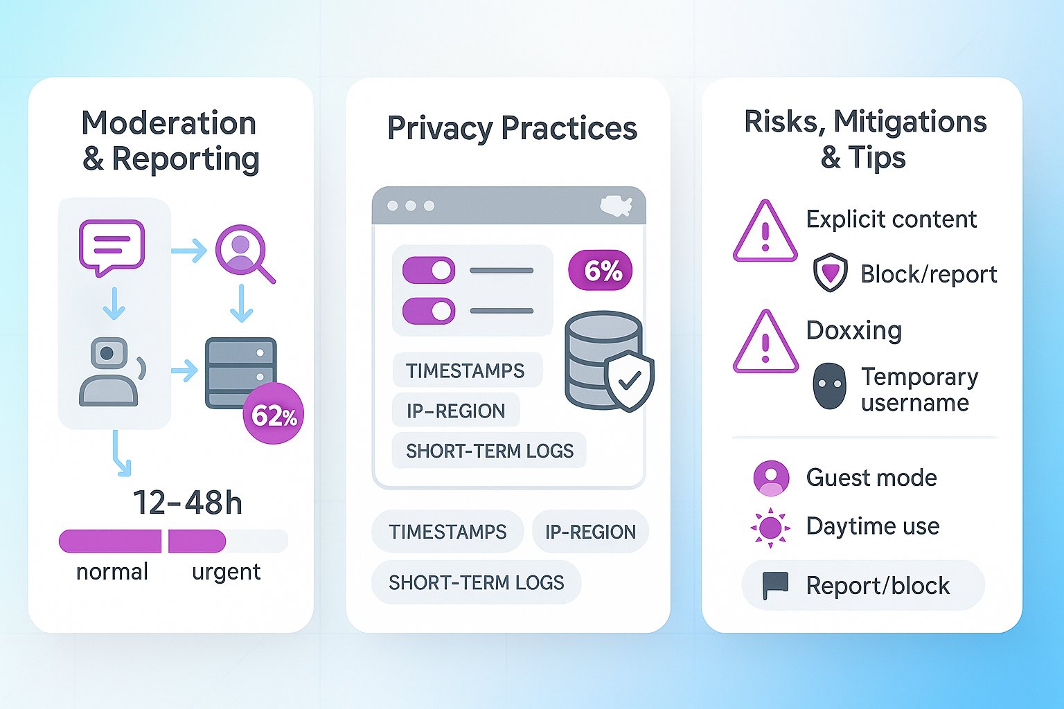 Three-panel infographic showing TinChat safety, moderation, privacy, and tips.