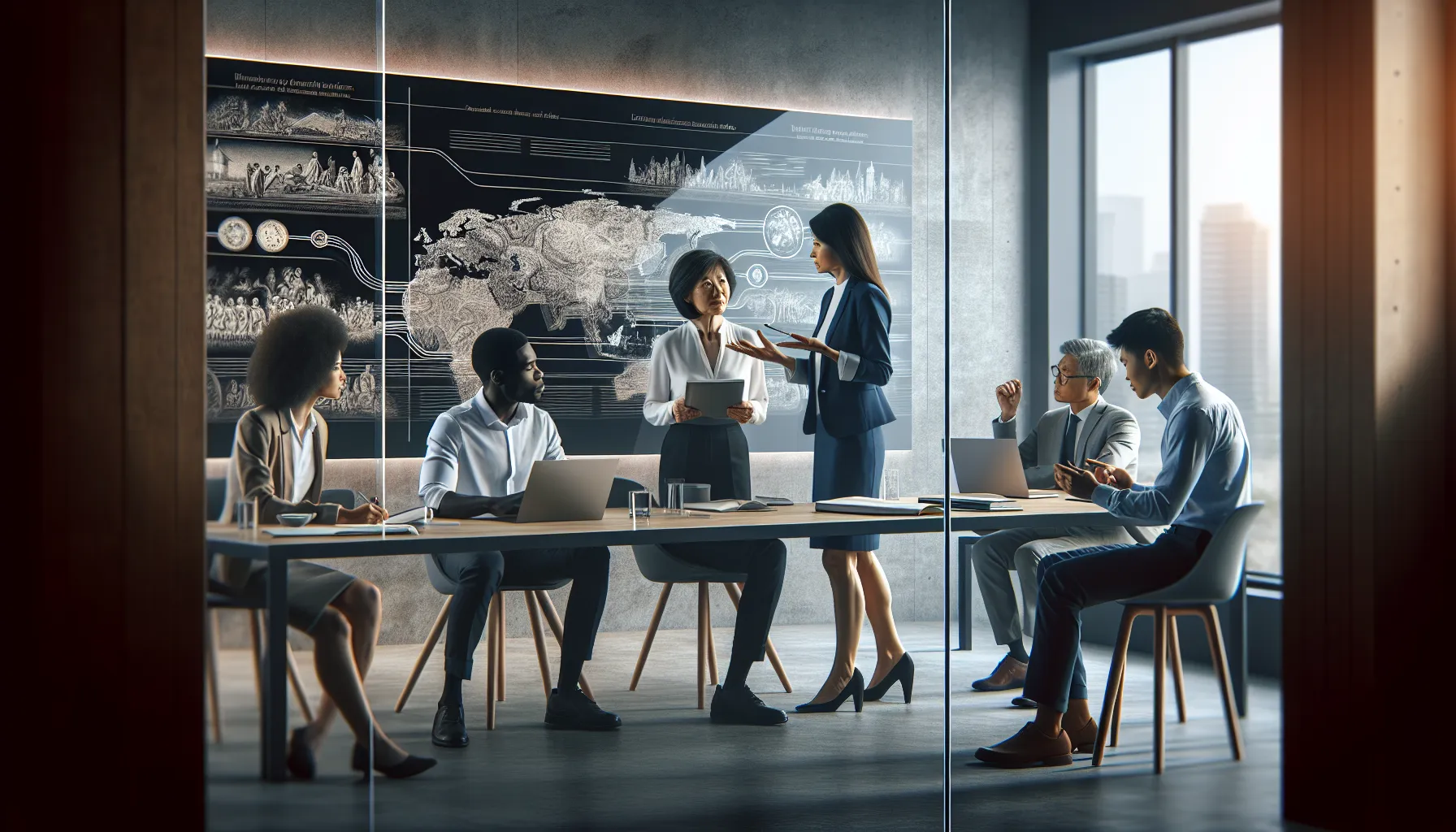 team discussing the historical background of 'тщешщты' in a modern office.