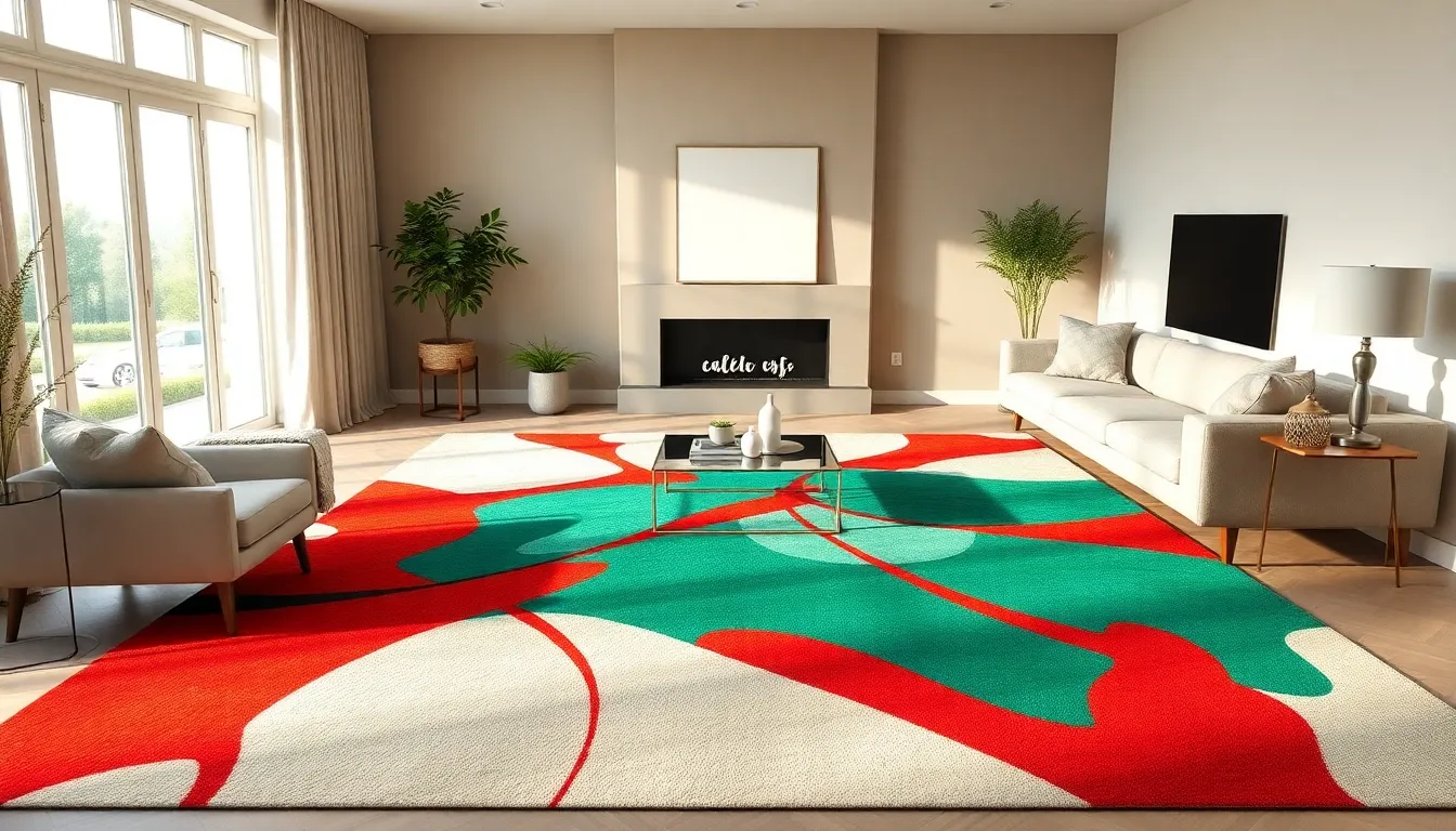 modern living room with vibrant carpet and abstract patterns.