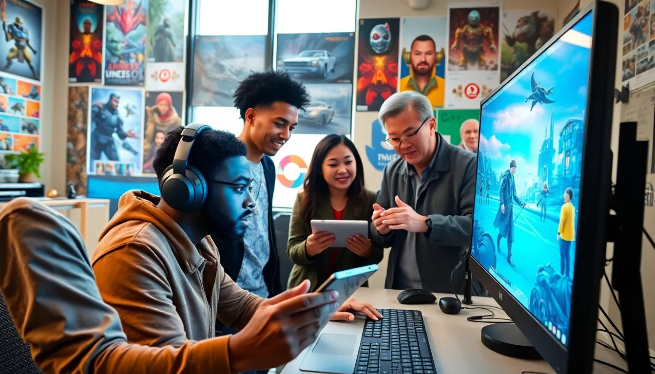 a diverse game development team collaborating in a vibrant studio.