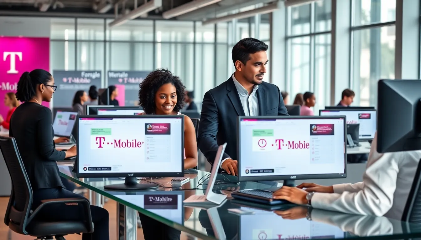 Diverse T-Mobile customer service team in a modern office.