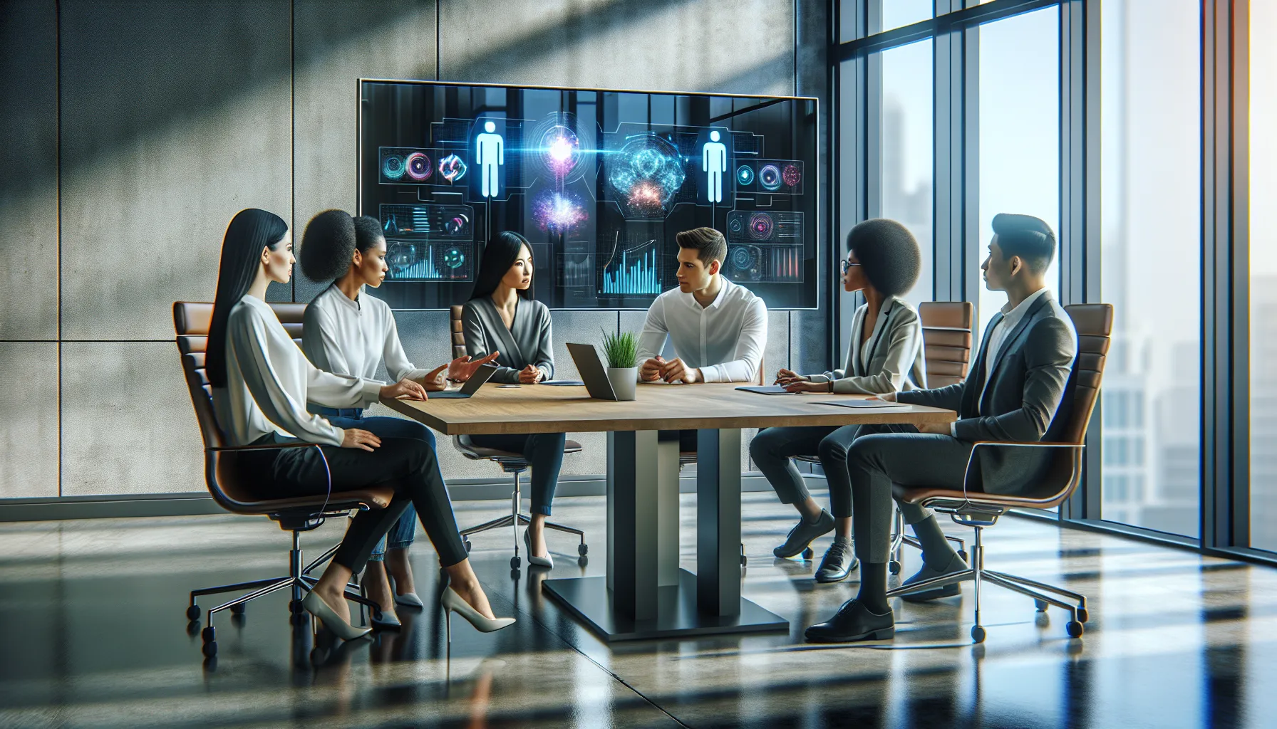 diverse team collaborating on future trends in a modern office.