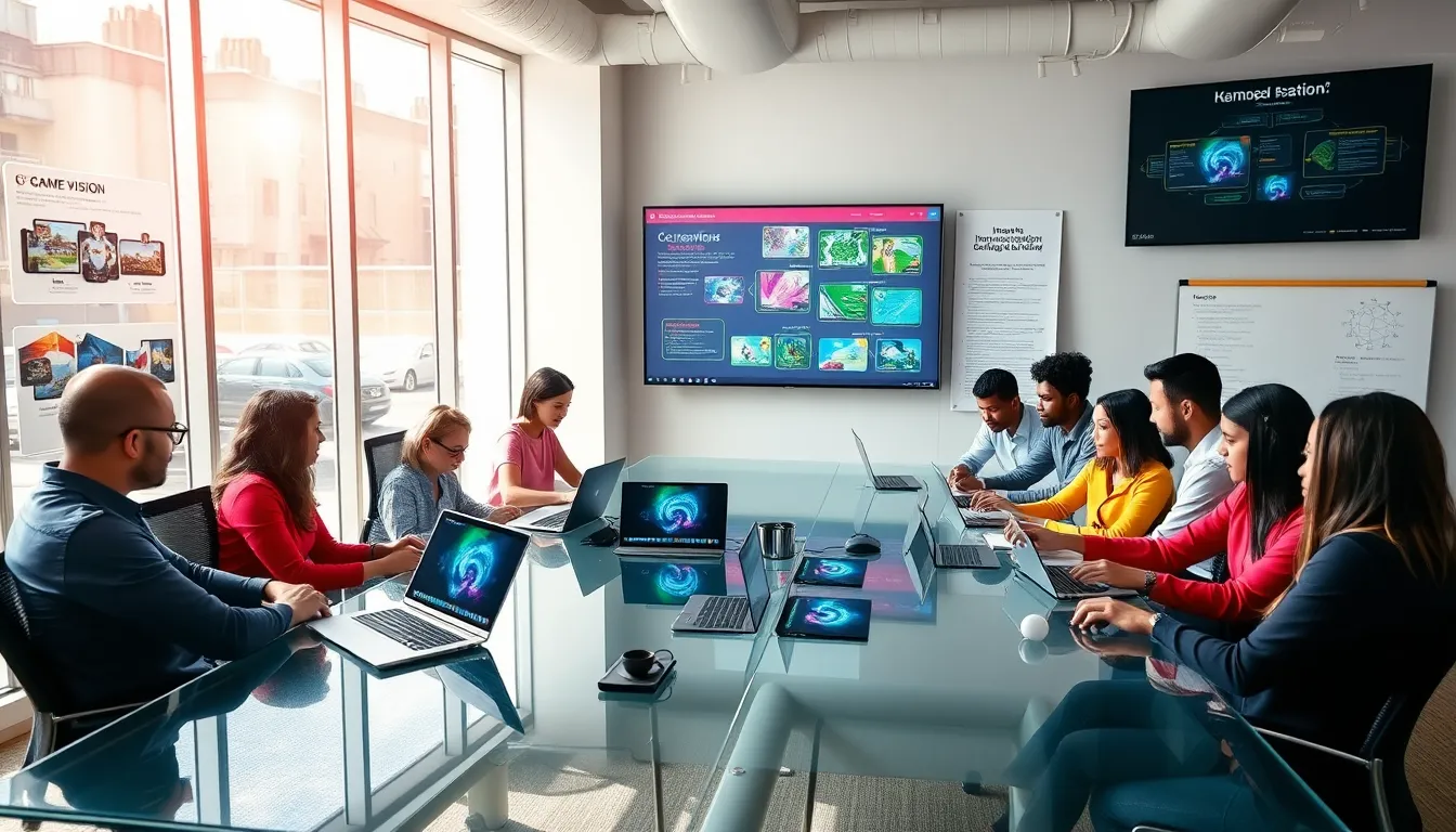 diverse team collaborating on game development in a modern office.