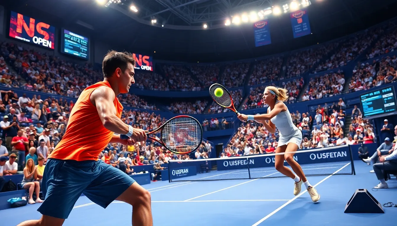 tennis match action during the US Open with enthusiastic crowd.