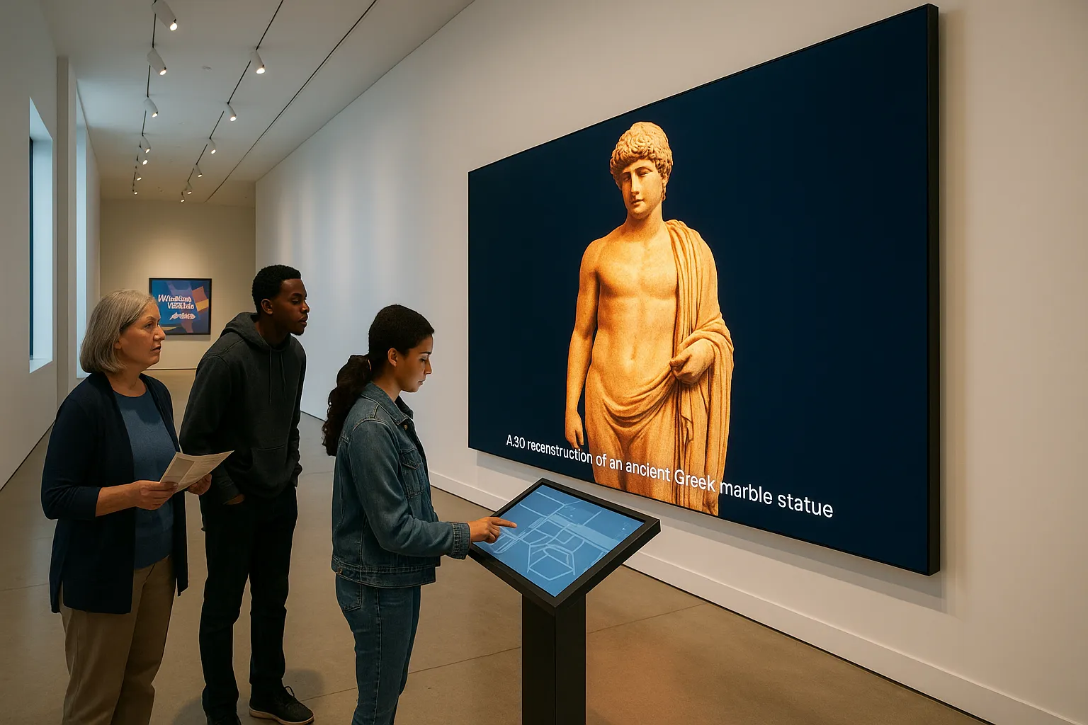 Museum visitors engaging with a large LED video wall and touchscreen kiosk in a modern gallery.