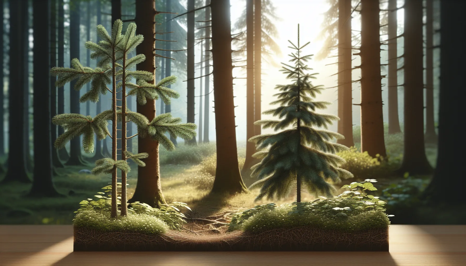 A fir and spruce tree comparison in a natural forest setting.