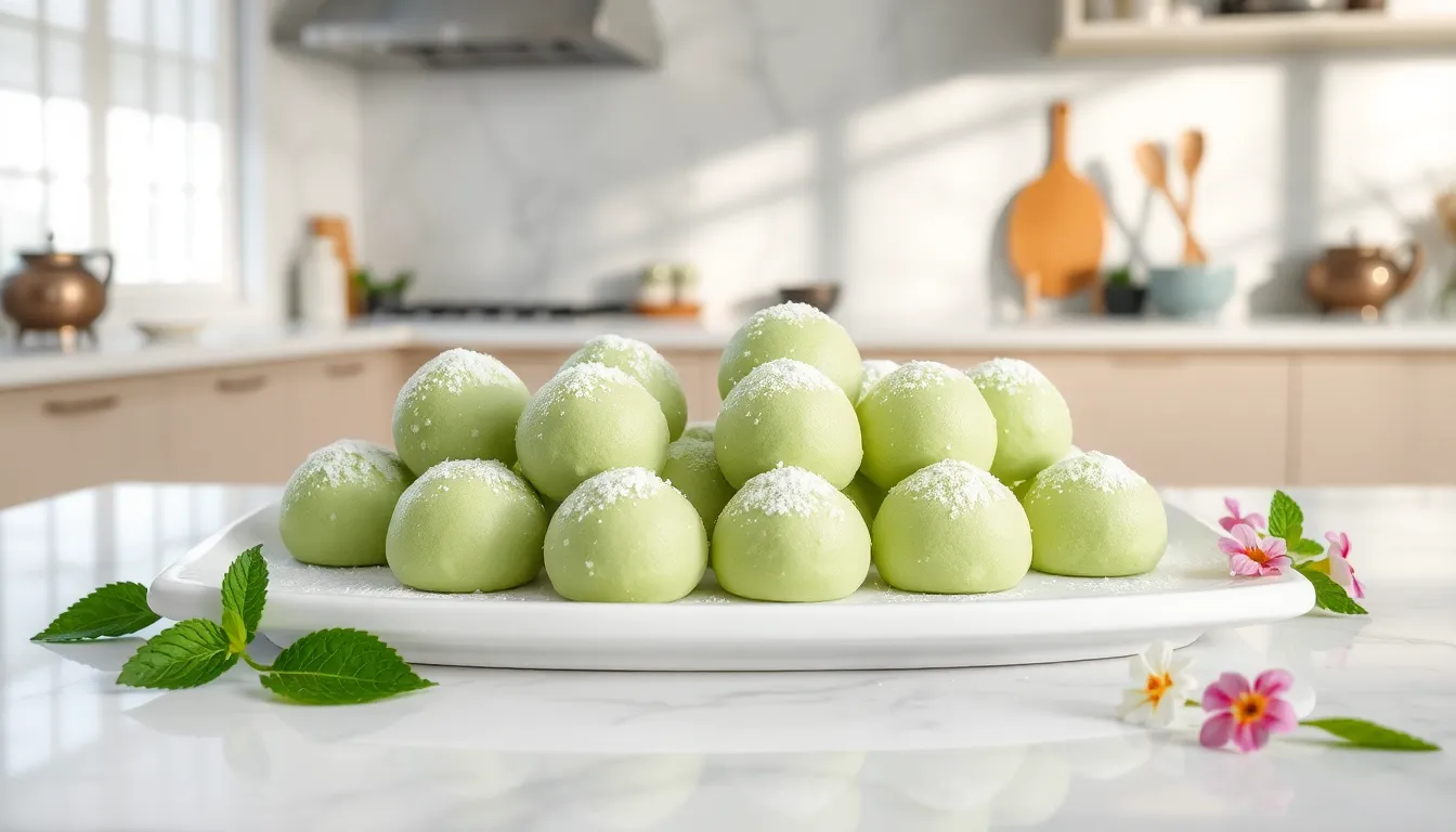 A platter of vibrant green mochi on a modern kitchen countertop.