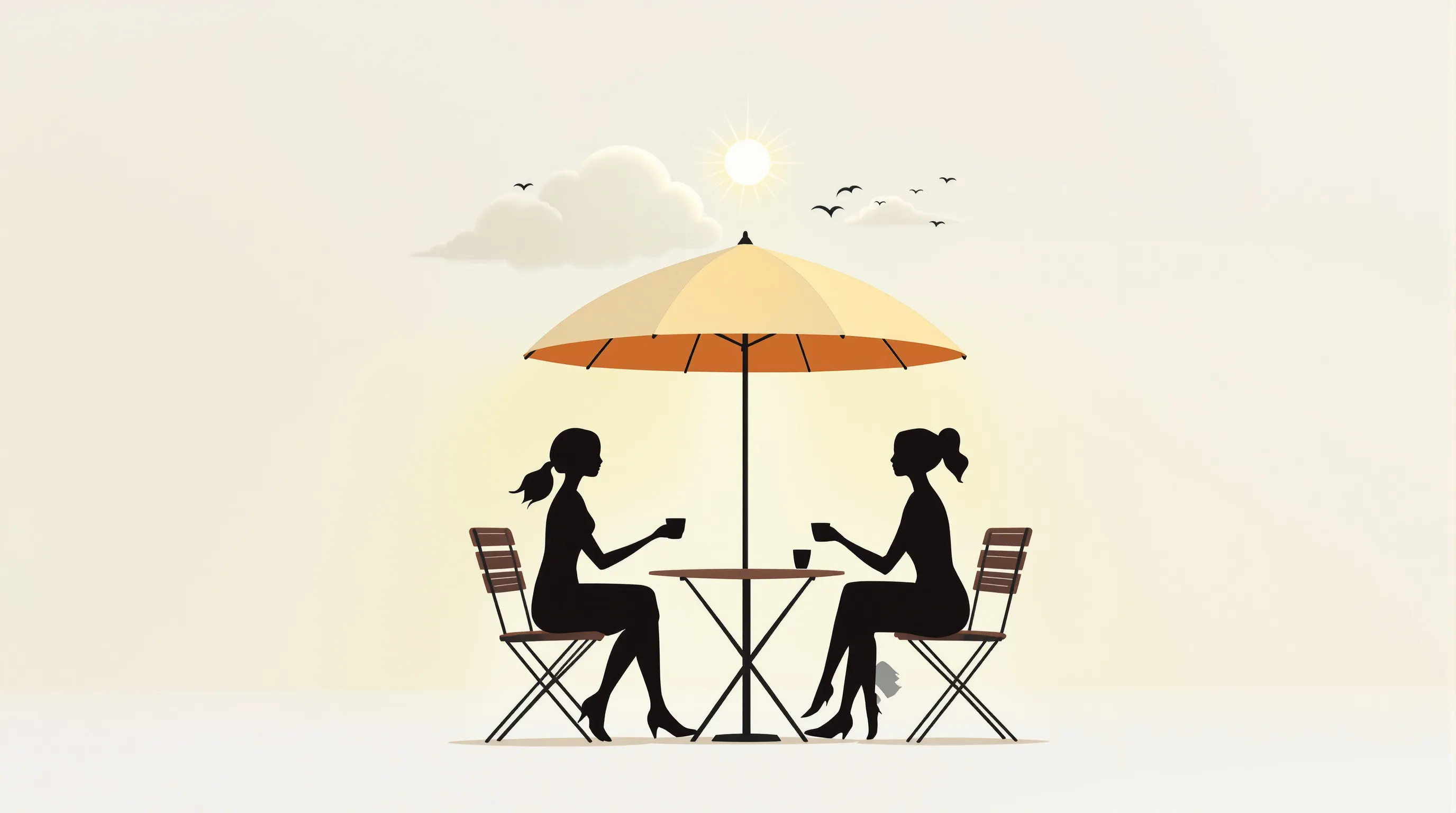 two friends sharing morning coffee under a colorful umbrella