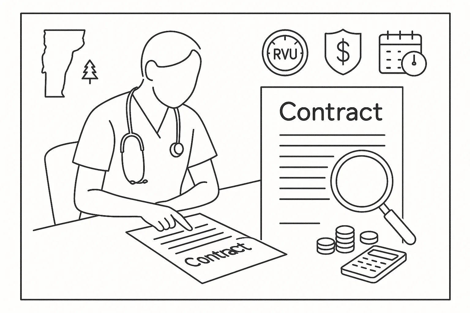 Nurse practitioner reviewing a contract with calculator and legal icons.