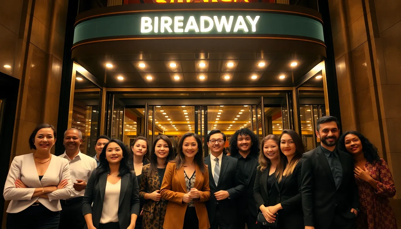 diverse audience arriving at a Broadway theater entrance.