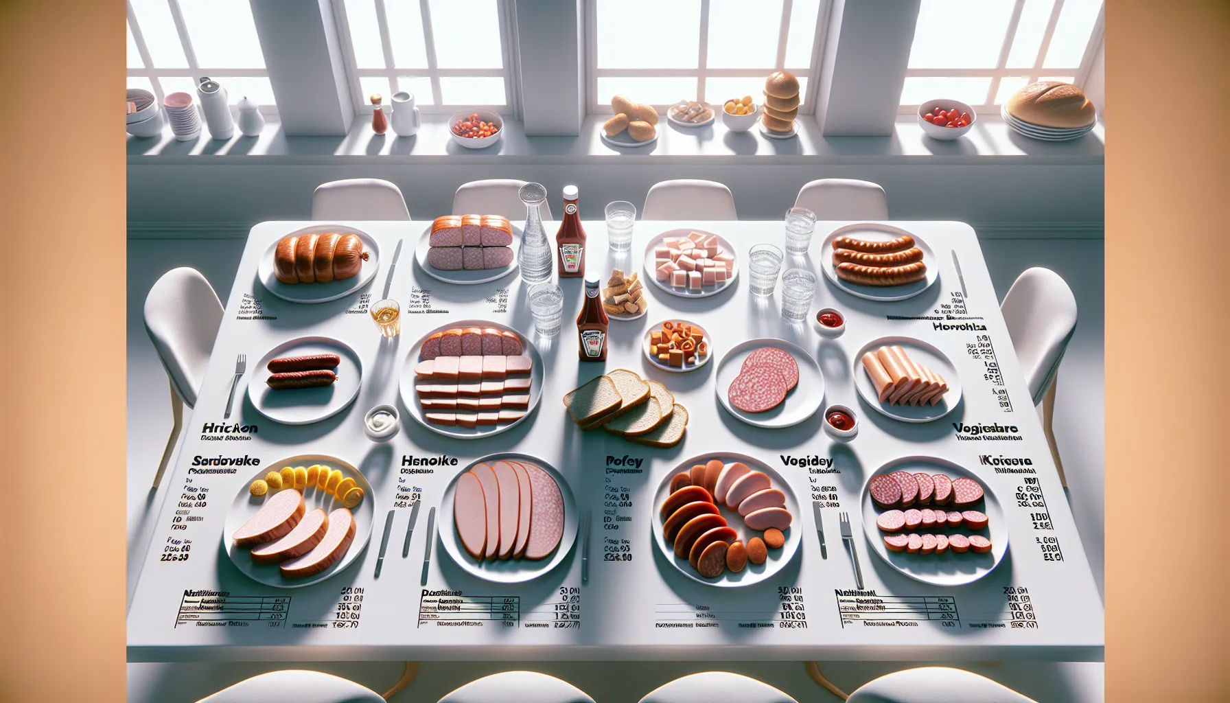 Different sausages with nutrition labels on a clean kitchen table.