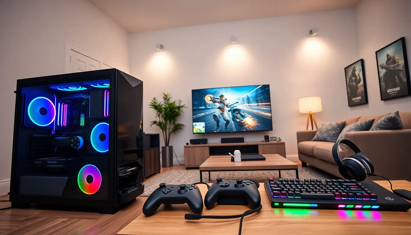 a modern gaming setup with a high-performance PC and consoles.
