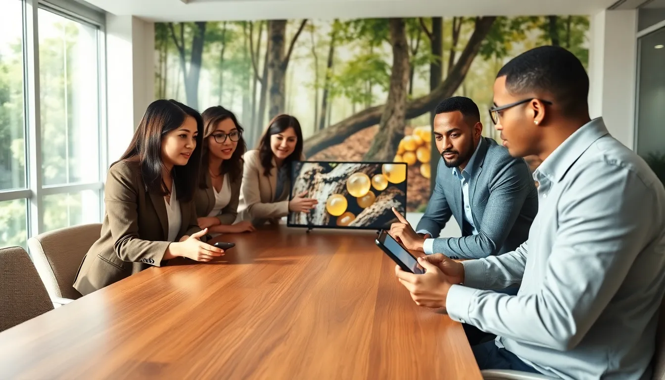 professionals discussing tree sap in a modern office.
