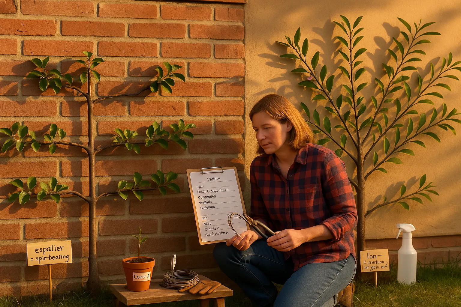 Gardener comparing espalier apple and fan-trained plum against a sunlit garden wall.