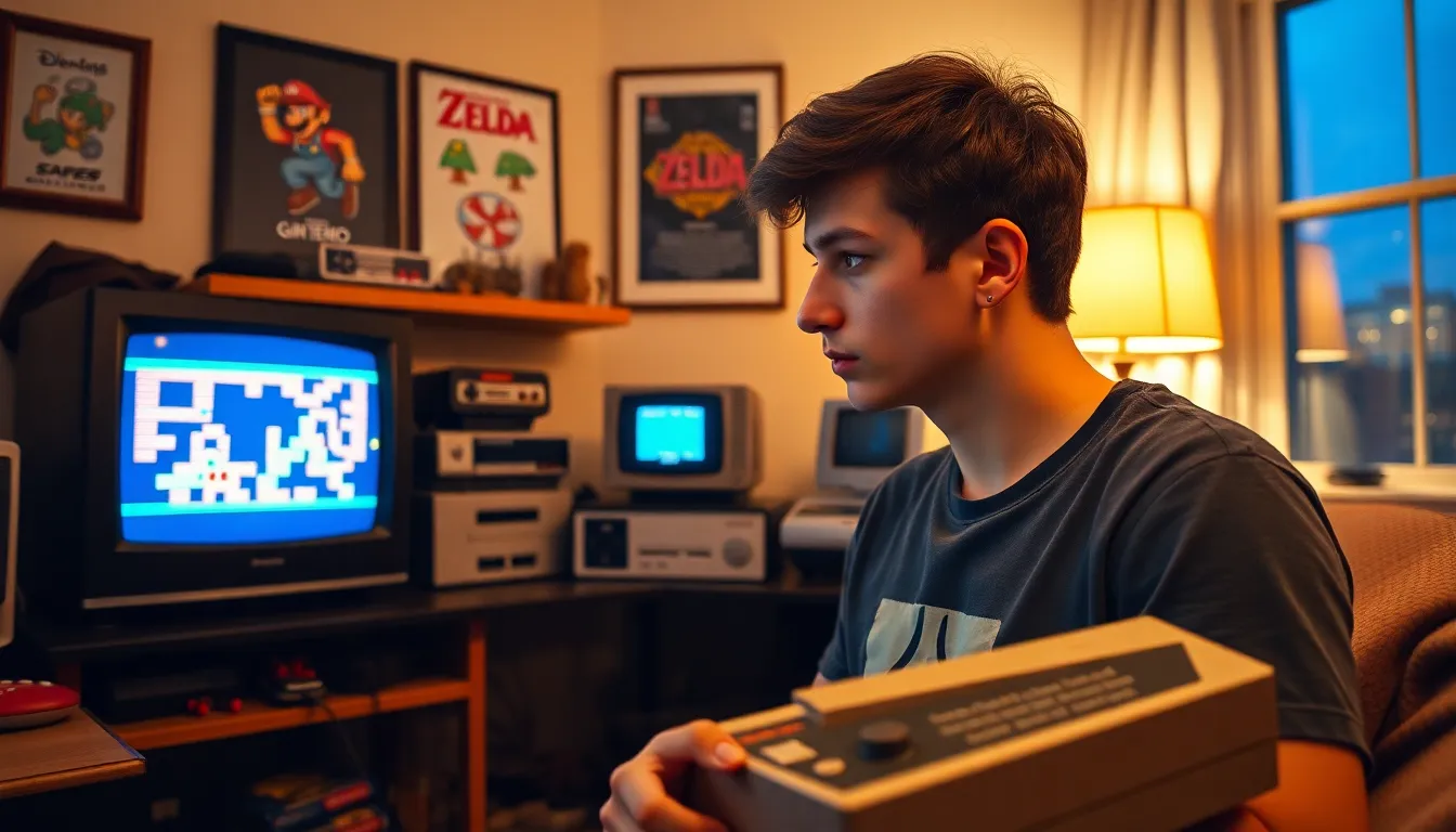 a young man playing an Atari 2600 in a cozy gaming room.