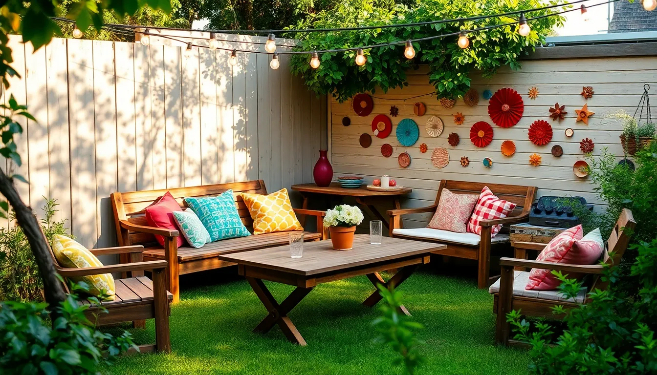 cozy backyard setting for a thrifty event with repurposed furniture.