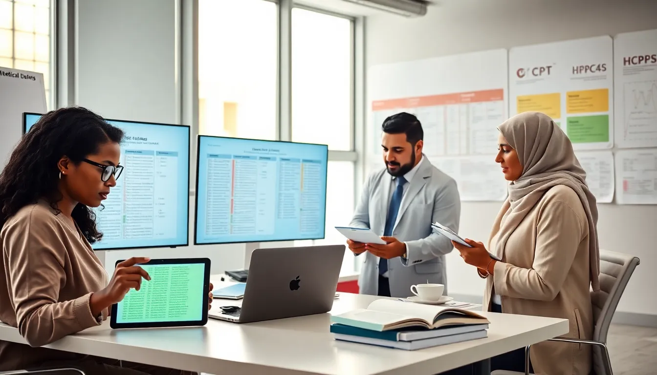 diverse team discussing medical coding in a modern office.