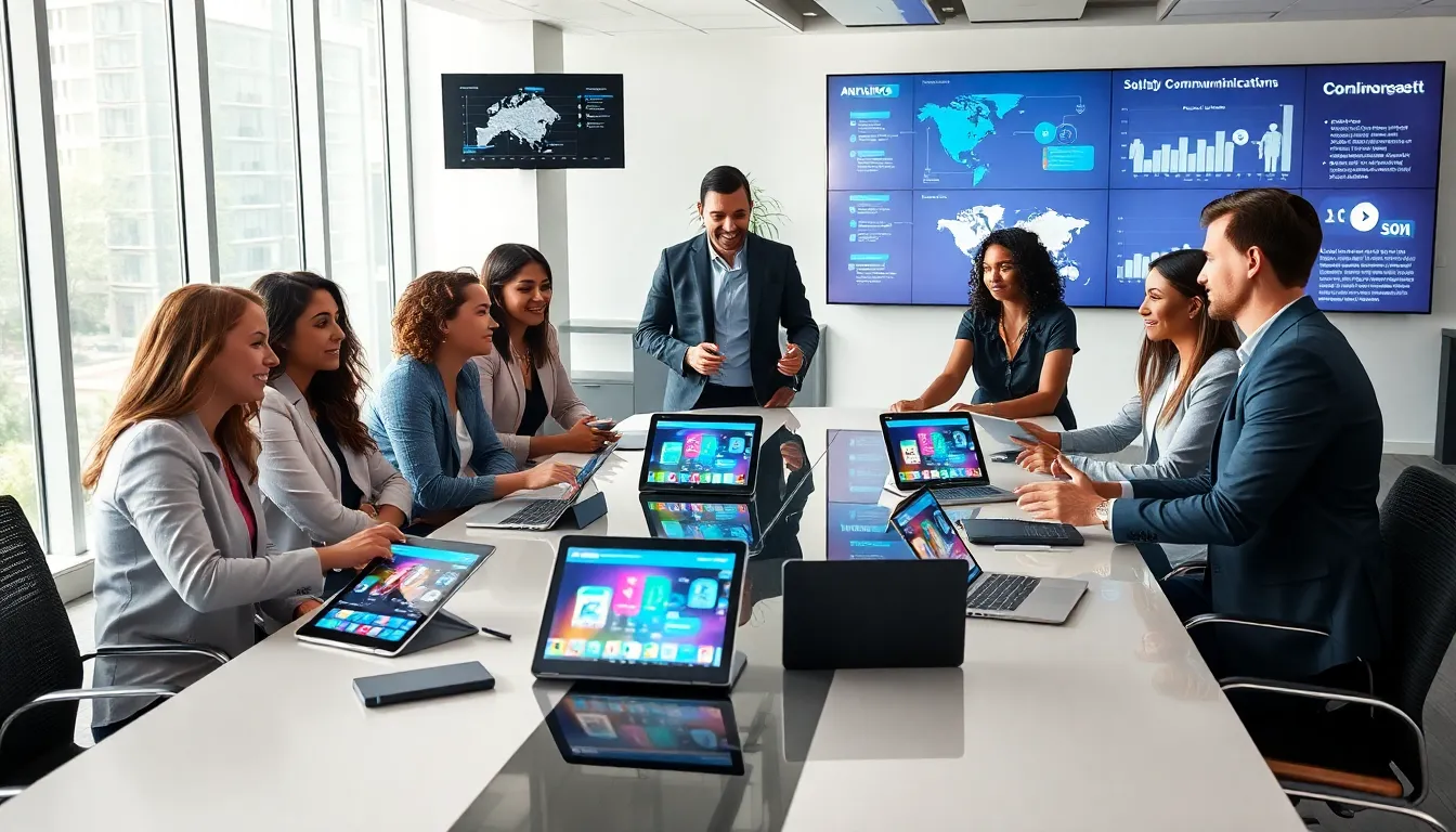 diverse professionals discussing technology in a modern office setting.