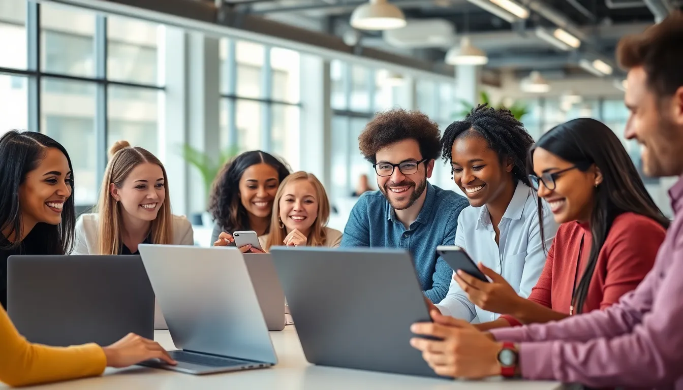 diverse team collaborating through mobile apps in a modern office.
