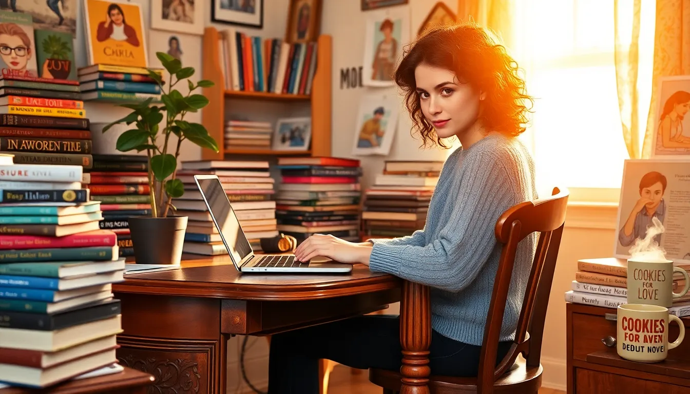 Nolmenes Palken writing in her home office with a mug labeled 'Cookies for Love'.