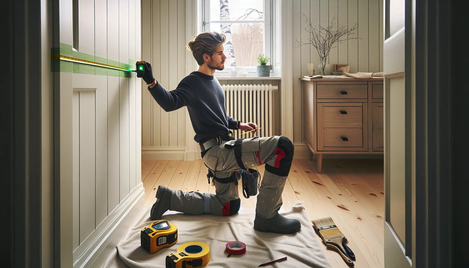 Painter applies washi tape to wall edge guided by a green laser line.