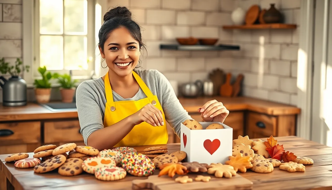 a woman arranging fresh cookies in a cozy kitchen.