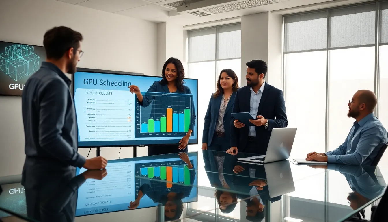 diverse IT team discussing GPU scheduling metrics in a modern office.
