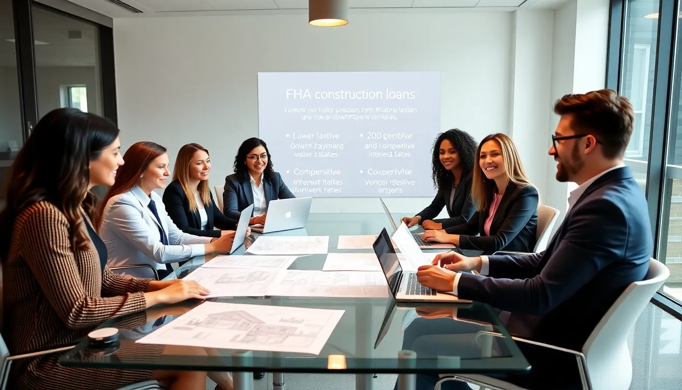 diverse finance team discussing FHA construction loans in a modern office.