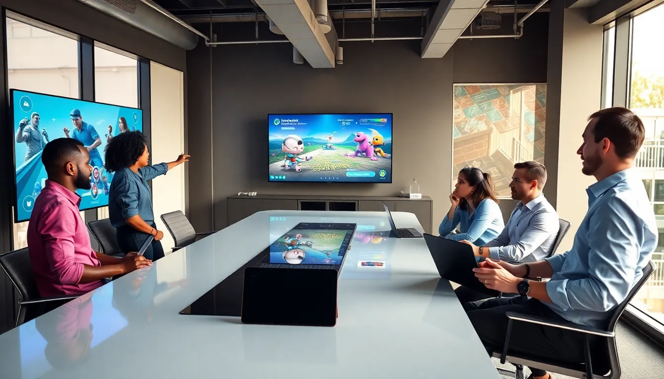 diverse team in a modern office discussing game development ideas.