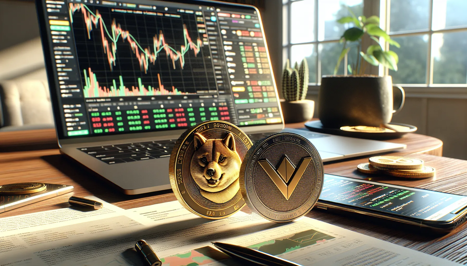 Two cryptocurrency meme coins side by side with laptop showing charts on desk.