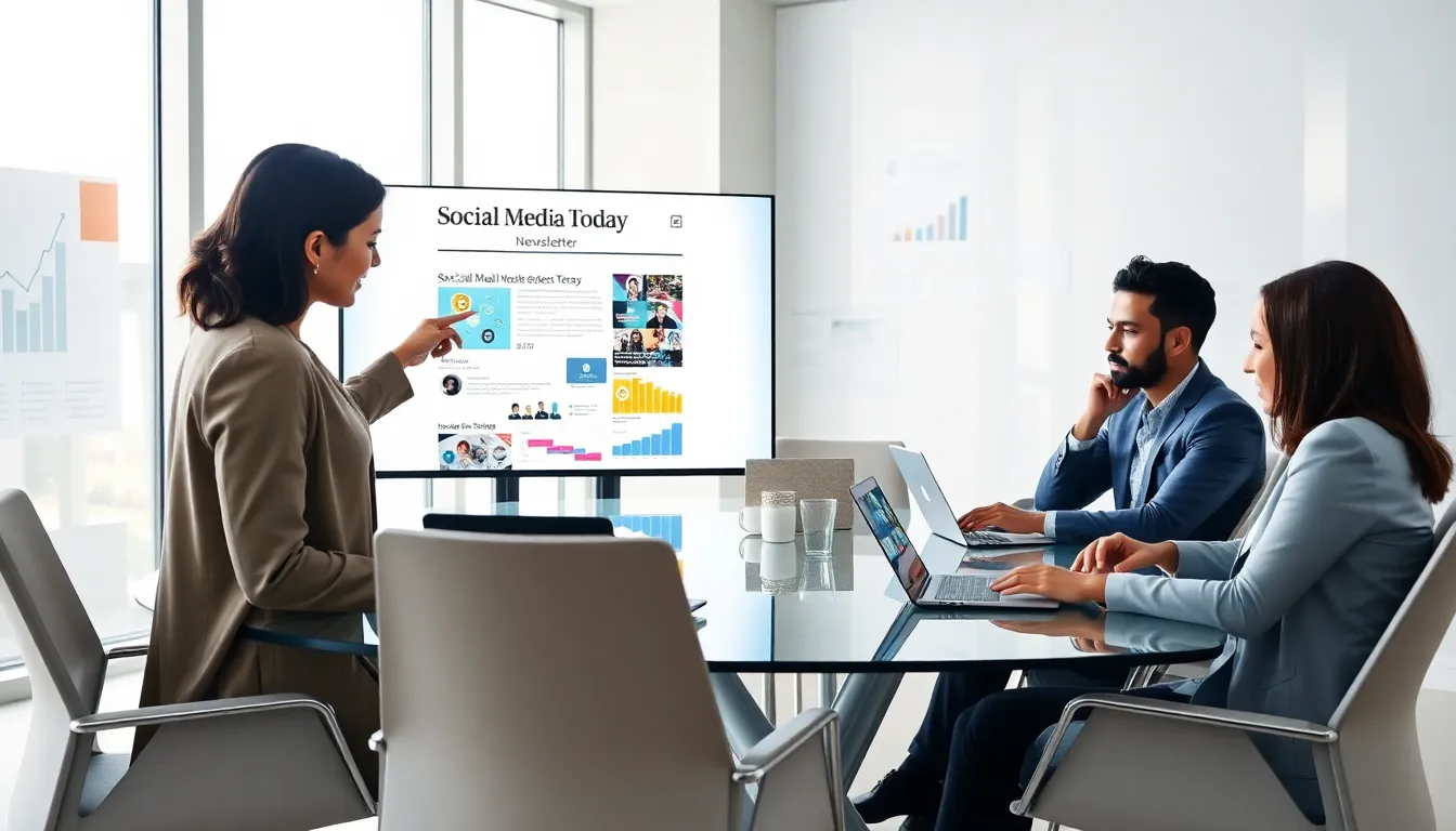 team discussing social media trends in a modern office.