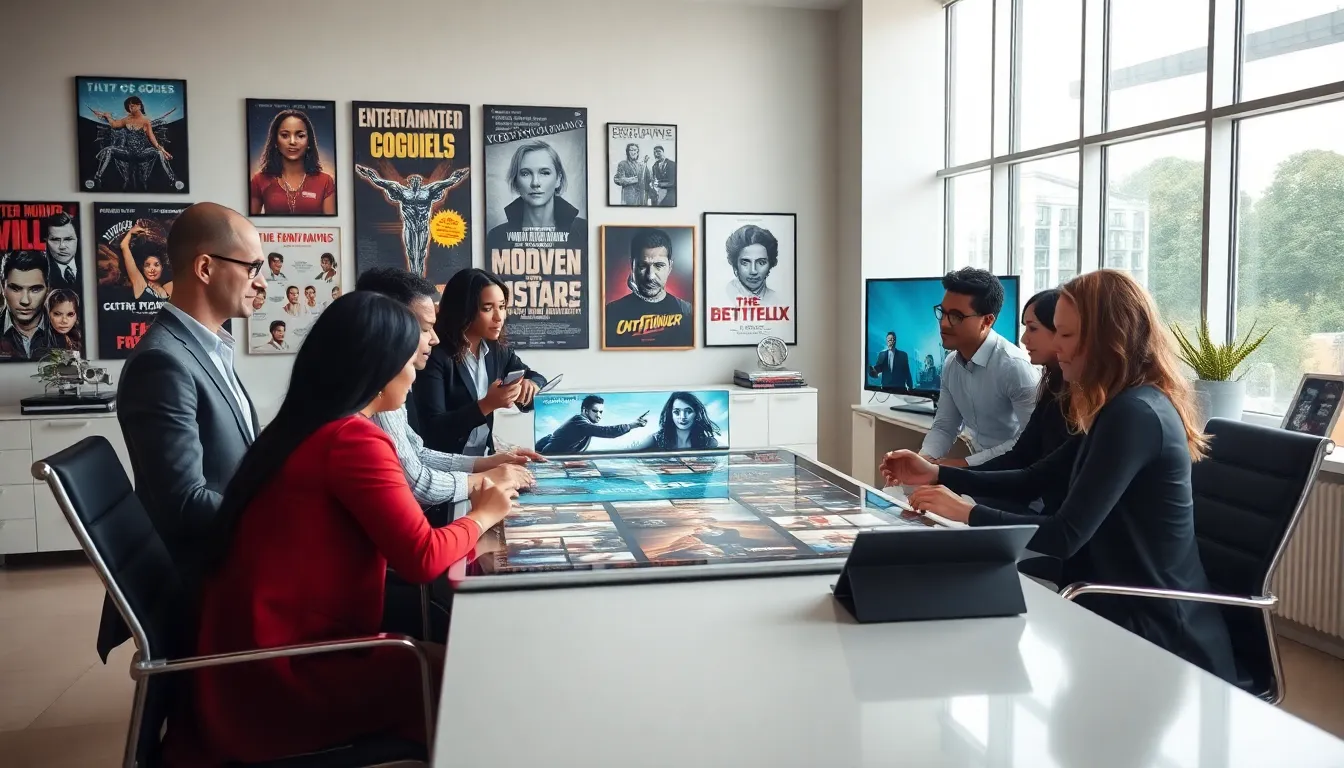 diverse team discussing entertainment archives in a modern workspace.