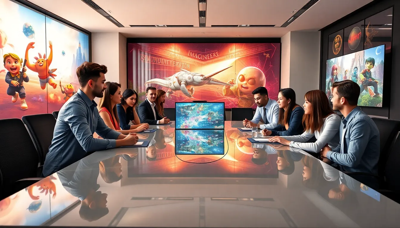 diverse team collaborating in a modern gaming office.