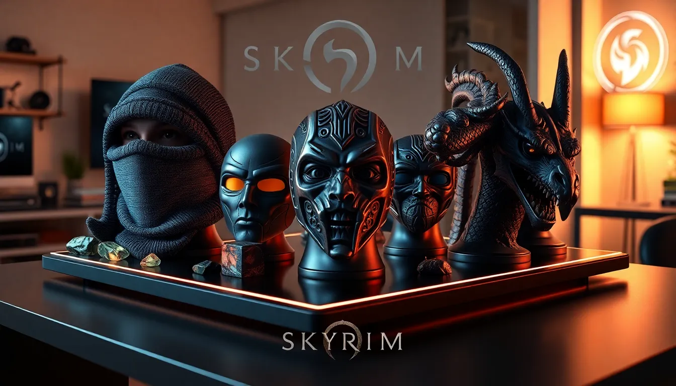 A display of diverse Skyrim face masks on a modern table.