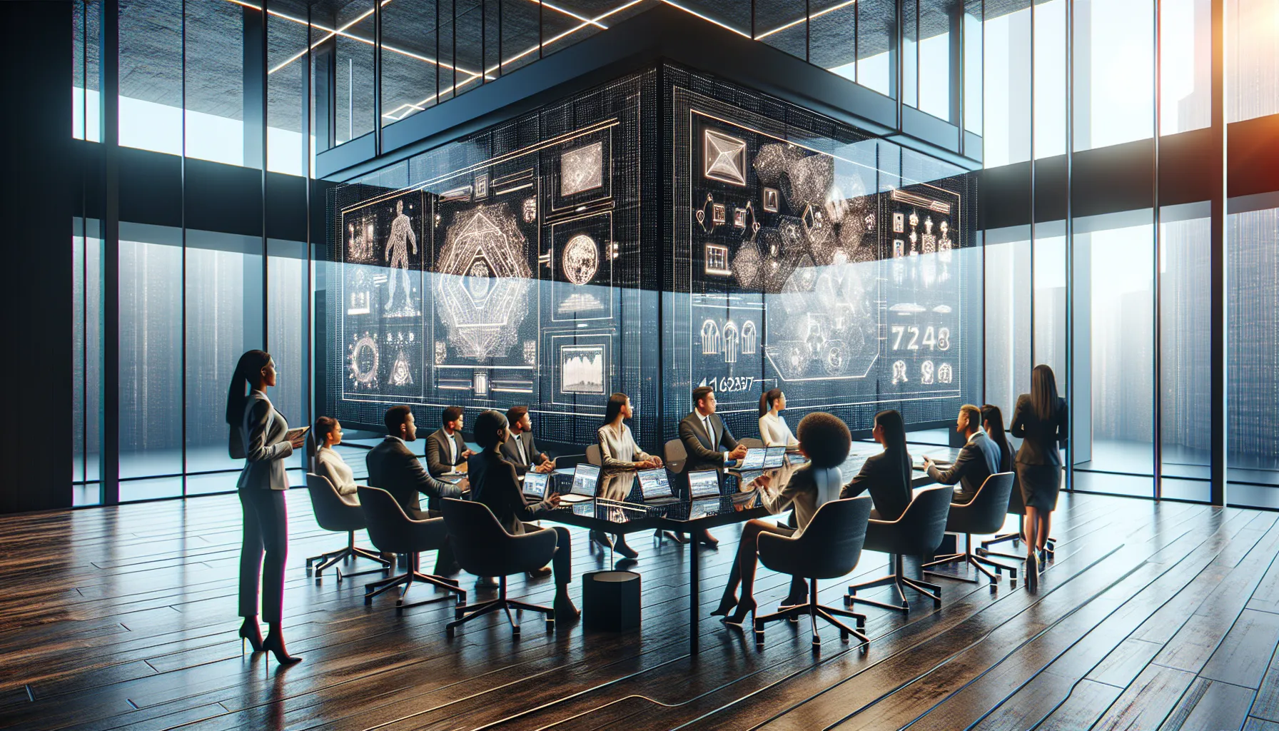 diverse professionals discussing technology in a modern office.