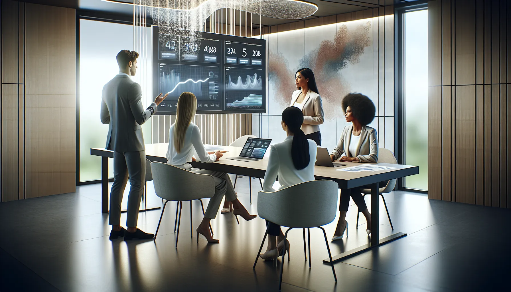 professionals discussing data analysis in a modern office setting.