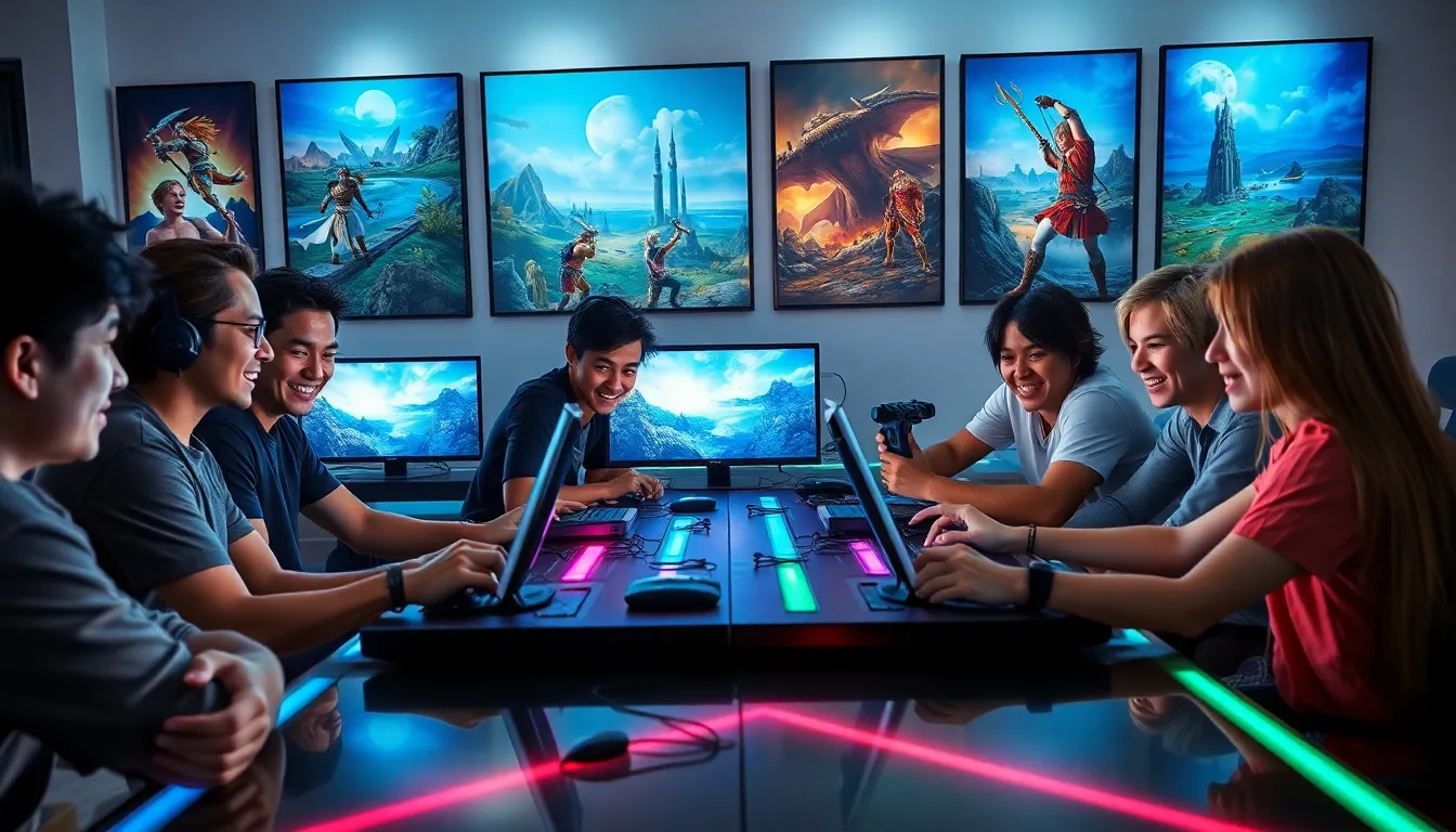 diverse gamers enjoying Final Fantasy VII Part 3 at a modern gaming setup.