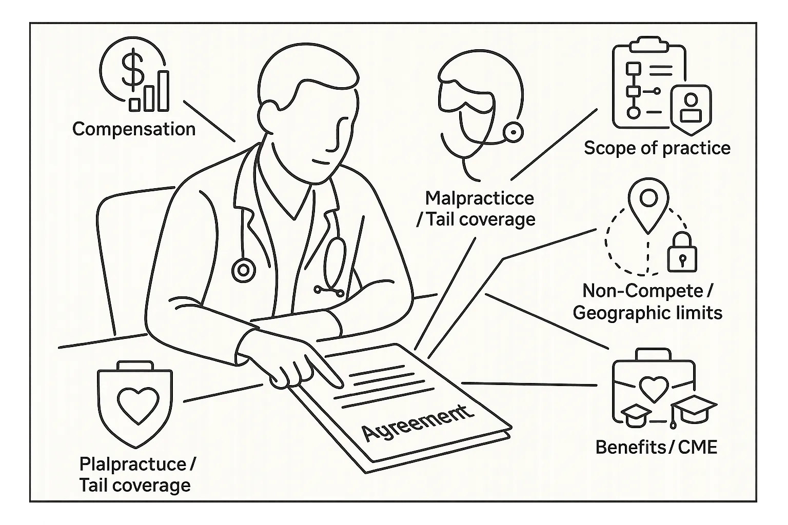 Physician assistant at desk reviewing a contract with related contract icons.