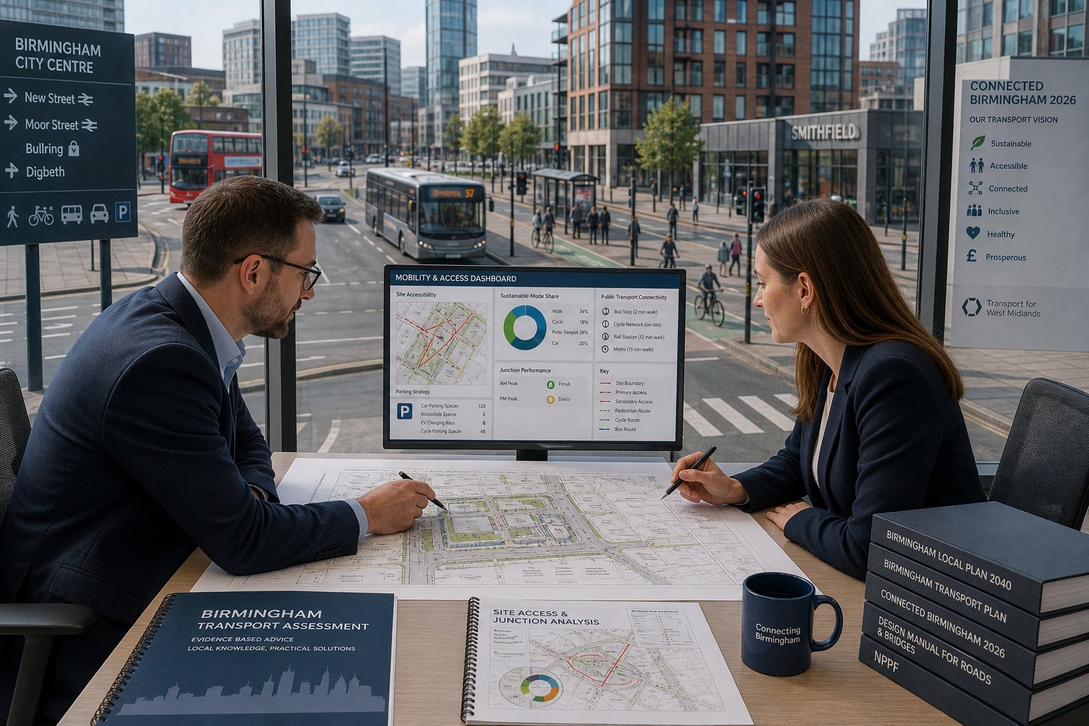 Traffic engineer reviewing Birmingham development transport plans in a modern office.