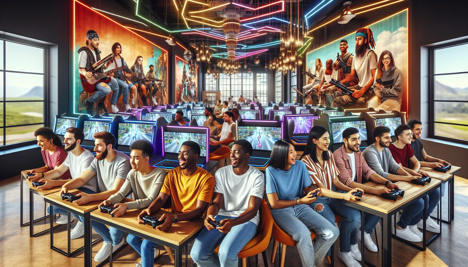 diverse gamers collaborating in a modern gaming lounge.
