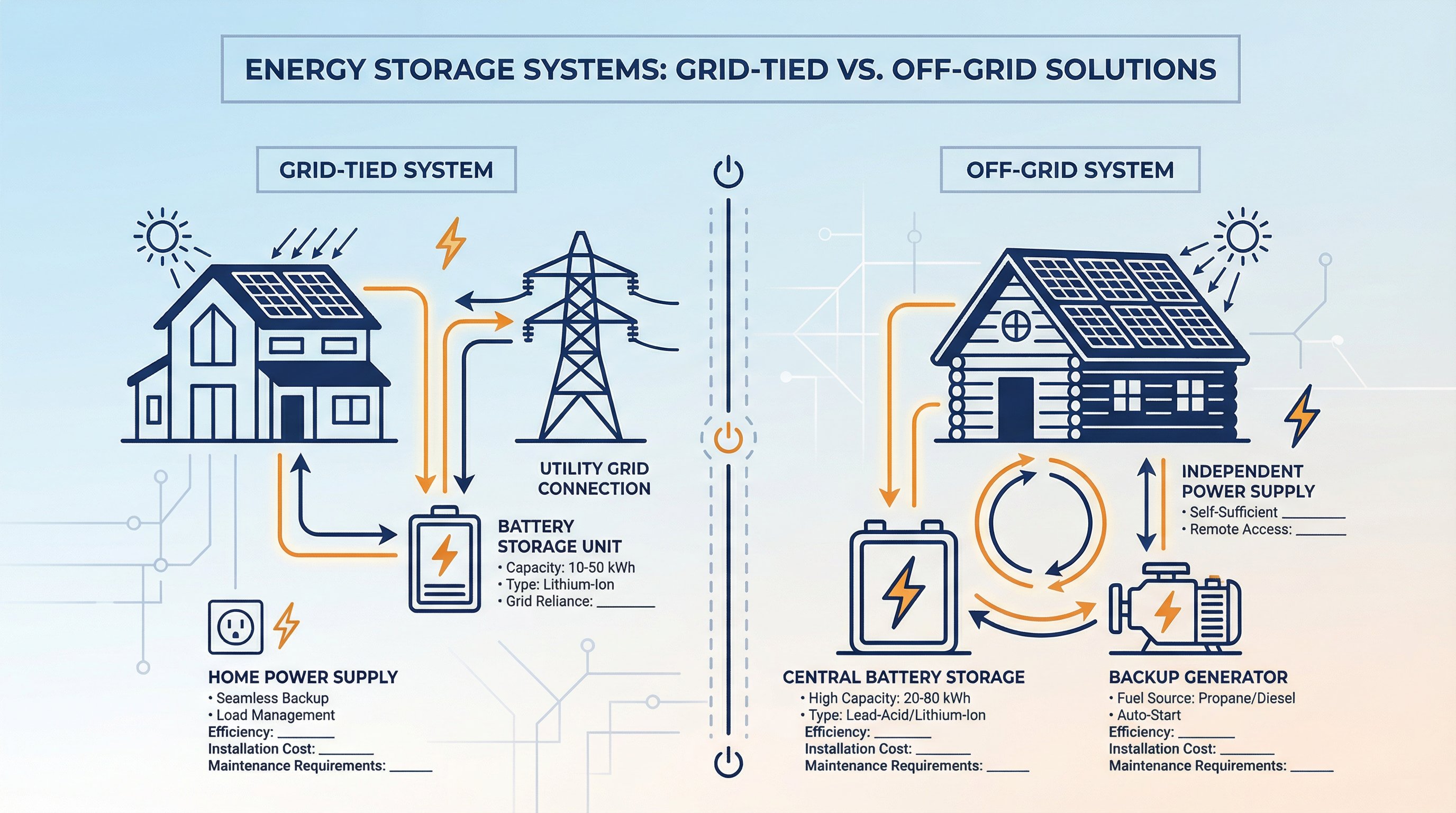 Comparison chart of grid-tied versus off-grid energy storage system configurations.