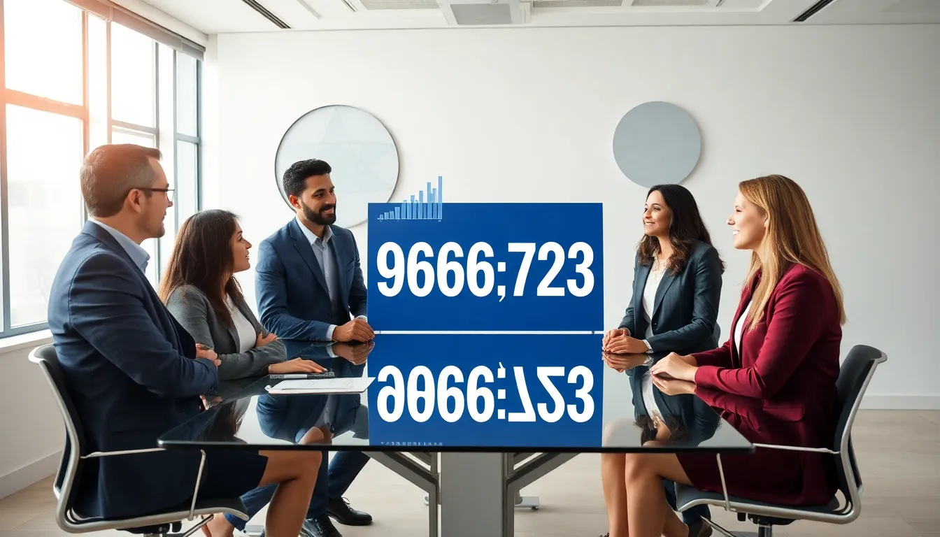 diverse professionals discussing the significance of the number in a modern office.