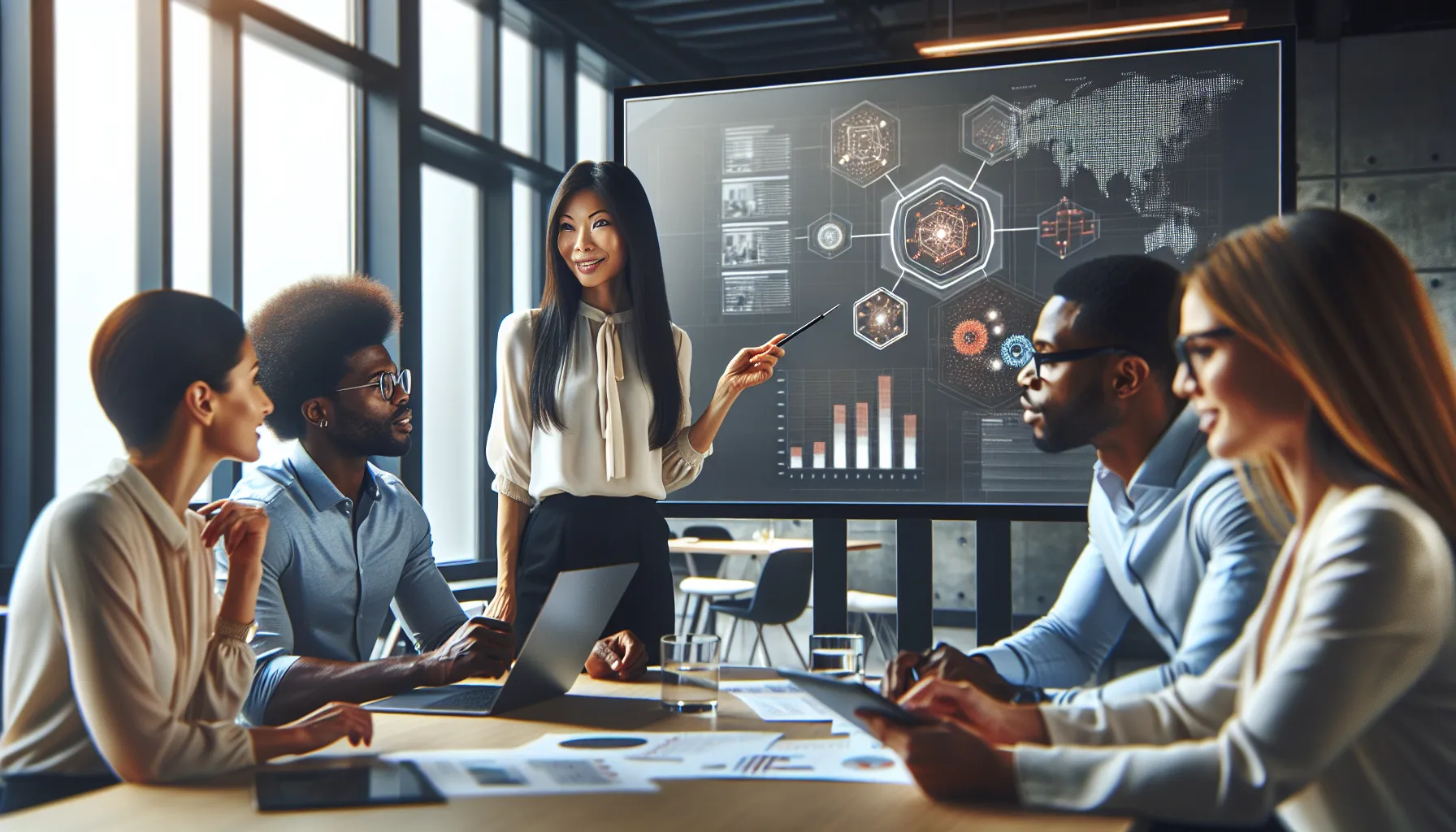 diverse team discussing fnthyj in a modern office setting.