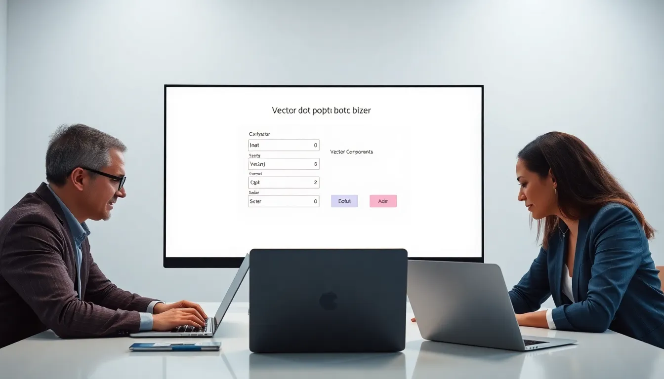 professionals using a vector dot product calculator in a modern workspace.